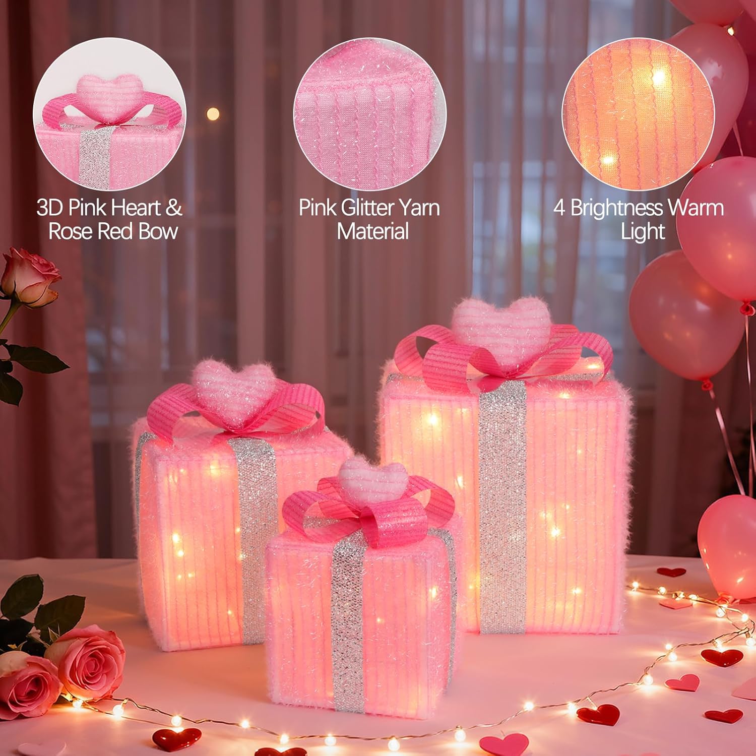 Lewondr Valentines Day Decorations Pink Heart Lighted Gift Boxes with Timer, USB Powered Light Up Present Boxes, Love Shaped Ornament and Glitter Silver Bow, Valentine Decor Romantic Anniversary